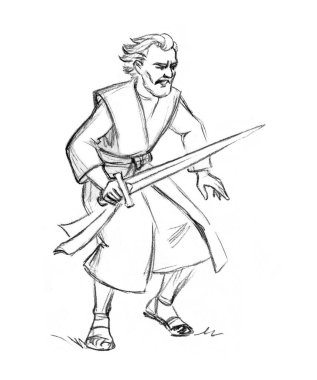 Şeytani tehlikelere karşı cesur yaşlı, yetişkin, erkek, savunma eli güçlü, Yahudi insan Peter bıçağını çekti. Savaş kuvvetleri çatışması, İncil 'deki David hikayesi, eskiz, sanat eseri, haydut, hırsız, hırsız, suistimal.