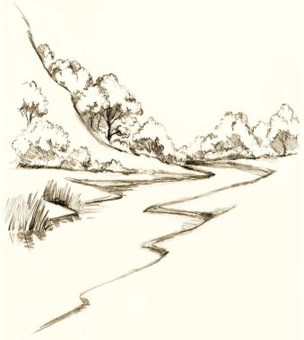 Eski büyük montaj ana hatları siyah kalem el çizilmiş sonbahar dale bayırı seyahat toprak pisti meşe ağacı köknar resim retro doodle kağıt tarzı. Sanatçı hattı Pond Creek sahil sazlığı metin alanı sanat arkaplanı