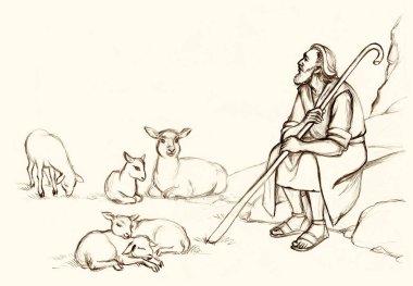 Kırsal yaştaki sakal bekçisi kol kadrosu kamış kadrosu sevimli erkek keçi sürüsü sürüsü otlağı arazi sahnesi. Ortadoğu bornozu giysisi kutsal Yahudi hizmetkarı İsa Mesih, masal sanatı için dua et.