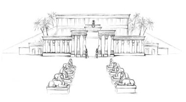 Büyük Giza kasabası Edfu taşından aslan işareti sokağı büyük Luxor Amun mezarlığı yıkımı çöl parkı vahası manzaralı beyaz gökyüzü mesaj alanı. Çizgi çizili retro şehir incil sanatı taslak stili