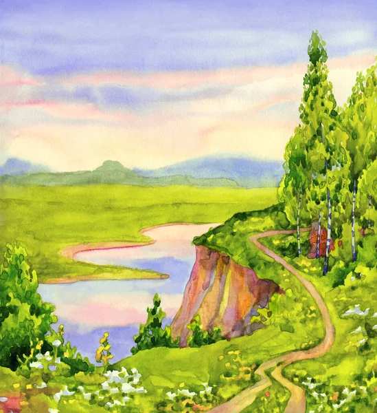 明亮的手绘水彩画素描画在纸的背景上 黄昏的黎明 天空中的文字空间 安静的草地上的花 小溪般的风景 平静海湾岸边的绿色杨树 — 图库照片