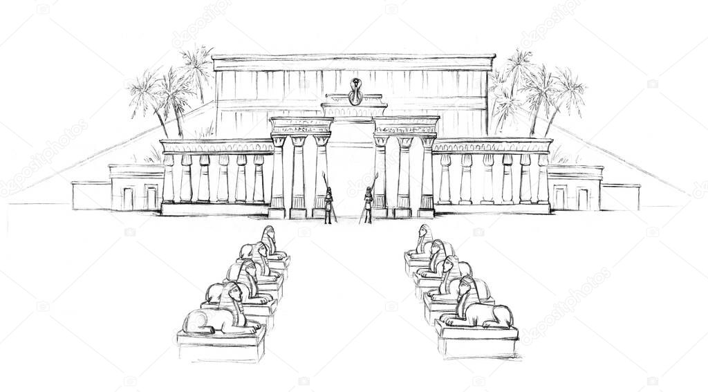 Big Giza town Edfu stone god lion sign alley scene built great Luxor Amun tomb home ruin place desert park oasis scenic view white sky text space. Line hand drawn retro city biblic art sketch style