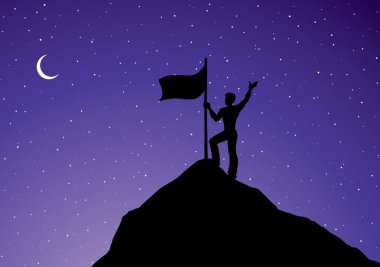 Genç aktif iş adamı erkek lider figürü önce el ele tutuşun zafer zafer zafer zafer işareti simgesi logosunu tutun. Büyük montaj görevi amacı, çizgi film tarzının mavi metin alanını bitirme yolu