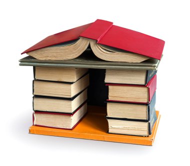 Üst görünümü kapat. Eski üniversite ders ders yığını. Retro veri sınıfı sanat stili inşa edilmiş. Hardcover din edebiyat kitabı yazar tapınak kulesi şehir simgesi tasarım kağıdı