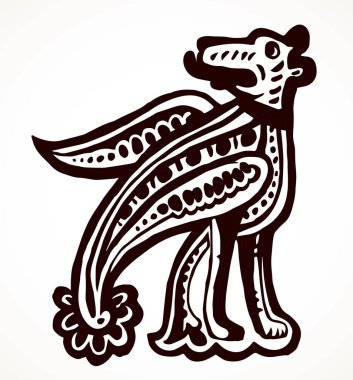 Fantezi halk memelisi beyaz kağıt desenli element. Taslak siyah renkli mürekkep, vahşi köpek kafası logosu amblemi çizilmiş. Klasik kapanış barbarlığı Galyalılar Alman ulusal sanatçı kitap aslanı etiketi