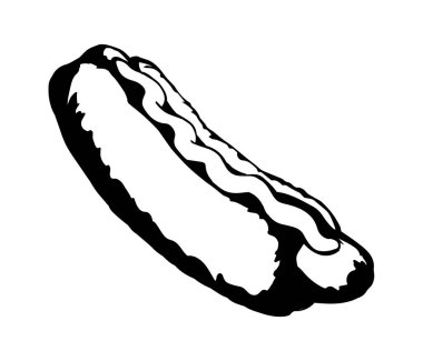 Yakından bakınca tatlı, yağlı, bbq aperatif rulo nesnesi görünüyor. Kapalı ana hatlı siyah mürekkep kalem el çizili kafe menü marul kalori amblem amblem simge simgesi simge tasarımı retro sanat çizgisi poster tarzı