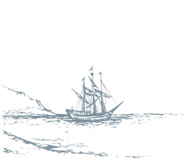 Tahta donanma korsan kervanı denizci seyahat sahnesi. Beyaz gökyüzü mesaj uzayı. Çizgi siyah mürekkep kalem el çizilmiş deniz manzaralı göl dalgası kum tepesi resim tasarımı eskimiş karalama biçiminde