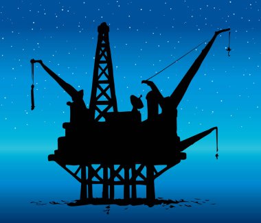 Birim, ağır rafine edilmiş mayın, istasyon, istasyon, metal kargo tankı. Koyu siyah el çelik tanker ikonunun simgesi. Resim karikatürü çizimi vektör alacakaranlık mavi akşam gökyüzü yıldızı