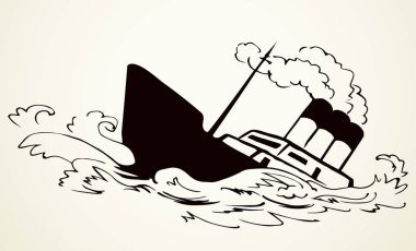 Antik ahşap paslı büyük fırkateyn alt direği beyaz gökyüzü metin uzayında kalır. Ana hatları siyah el çizilmiş derin denizcilik batık rüzgar sorun galleon logo işaret simgesi çizimi sanat retro doodle çizgi çizgi tarzı
