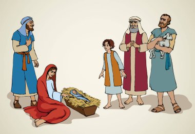Beyaz kart metninde eski, mutlu kuzu eti sahnesi. Çizgili el çizilmiş neşeli Yahudi Lord mesih gece inancı Madonna tarihi ikonu işaret tablosu çizimi neşe dolu antik sanat retro incil hikayesi