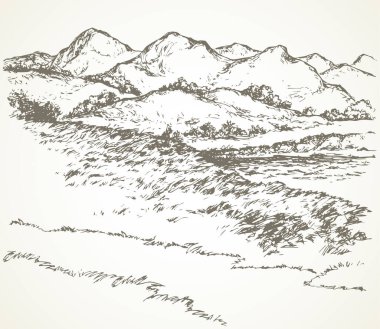 Splash brook glade çalı kalem hattı sahne. Deniz körfezi manzaralı dik kayalık monte banka. Kağıt metin alanında sanat doodle retro baskı stilinde anahat siyah mürekkep çizilmiş fon sembolü tasarım sahnesi
