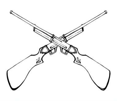 Beyaz metin arkaplanındaki yaşlandırılmış güç karabinasına yakın çekim. Ana hatları siyah mürekkep çizdi ölüm tehlikesi av tüfeği saldırı logosu pictogram amblem tasarımı antik oyma sanat karalama tarzı
