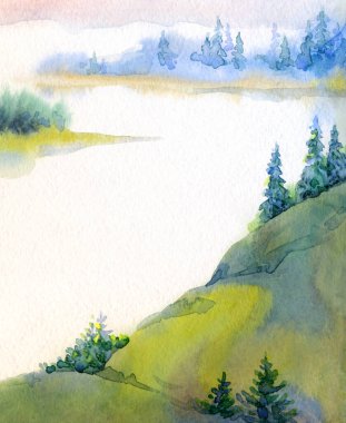 Açık kağıda elle çizilmiş suluboya resim. Yazı uzayı. Taze taiga tarlası çalılığı. Çalı bitkisi, kayalık arazi. Sessiz bulutlu sonbahar hayatı eski Alp Slope Park sanat eserleri sahnesi. Pond Creek Körfezi manzaralı