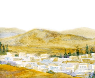 Jericho Vadisi 'ni geçtikten sonra taştan kale yolu Yahudi gökyüzü sahnesi klasik sanat grafik resim tarzında. Kutsal Antik Seyahat Suudi Mekanı. İncil 'deki Jaffa Kalesi Duvarı. Tapınak manzarası.