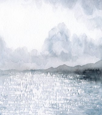 Elle çizilmiş akvaryum boyası sakin, serin, taze bahar ışıltısı gölet dağı ufku sahnesi. Kağıt kart metin alanı arka plan eski tarz tasarımı. Mavi renk yağmur, cennet, vahşi vadi, tatil manzarası.