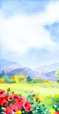 El çizimi parlak resim kağıt seyahat çiftliği yolu manzaralı mavi renkli metin arkaplanı. Sessiz güneşli gün doğumu vahşi orman flora yeşil ot yaprağı çim biçme dağ manzarası