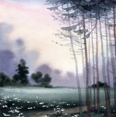 Hand drawn watercolour artwork calm sun fog haze fall old green garden lawn scene paper card text space backdrop. Dark paint sketch style rural farm way travel tall cedar spruce bush shrub scenic view