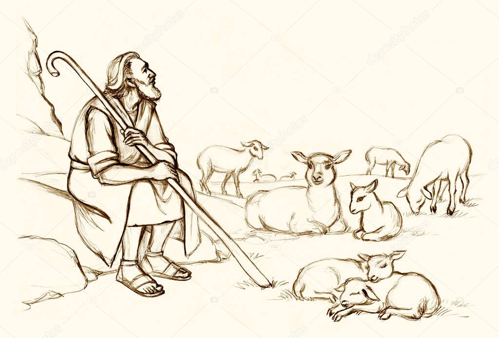 Rural age beard guard worker arm hold cane staff care cute male baby goat pet flock grass hill land scene. Middle east robe dress cloth holy jew servant work Jesus Christ Lord God pray story retro art