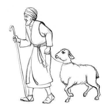 Retro antiqu arab biblic art hand drawn jew guy go bring eid ride holy shear fur wool ritual white male calf pet meat food. East asia israel rustic horn herd slave job God pray asian market work story
