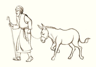 Retro antiqu Arab biblic line art hand drawn sketch jew guy bring go ride fun equine breed male dun horse foal pet. East Asia Israel herd slave labor job God pray pilgrim road Asian white market story