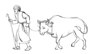 İncil 'de geçen antika Arap sanat eseri çizimi. Yahudi' nin getirdiği eskiz çizimi. Git ve kutsal ayine katıl. Doğu Asya İsrail Sürü Köleleri, köle işçi işi.