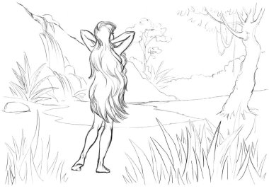 Hand drawn art sketch pretty nude long hair slim nymph lady rear view look joy tribe life beauty rest tree skin care scene. Antique vintage tribal love enjoy pure fresh white wet spring pool spa sky