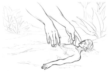 Siyah çizilmiş resim, yetişkin erkek çocuk uyuyor ilahi ruh nefes alıyor güzellik tenli kafa dinlenme sahnesi. Eski antik çağ kutsal efendisi toprak çamur yaratıyor. Yaşamın dünya konsepti olması gibi.