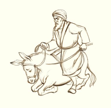 Antika, eğlenceli karikatür çizimi, Yahudi erkek işçi çizimi, öğretmen kolu grevi sopası, beyaz evcil hayvan çiftliği sahnesine karşı koy. Orta Asya komik yaşlı hacı yürüyüş hikayesi
