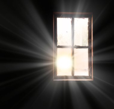 Rusty urban past age small empty blank farm stone mold lodge scene dim hole bright sunny shine ray lit white sky. Bad broken decay crack destroy ruin worn pane web gloom messy border wall text space