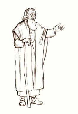 Holy jew god faith wise Egypt male prayer rabbi scholar priest stand speak offer pray story. Hand drawn black line pen art sketch retro age robe cloth Israelite cane stick staff view white text space