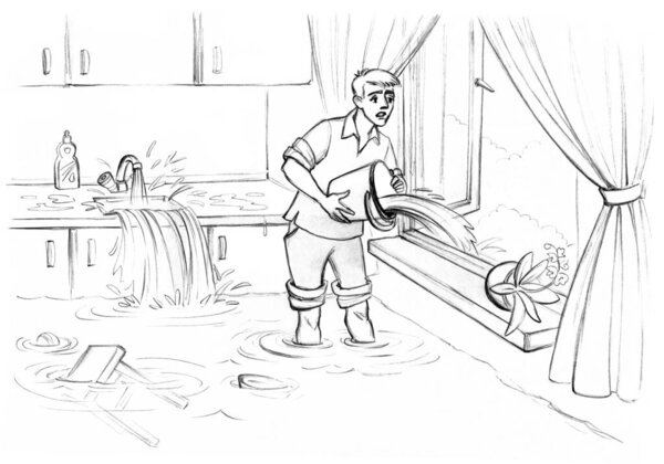 Sink pour flow fall drown plumb heavy swim no mean logic aid drain labor care busy guy help save home room solve root case. Comic hand drawn cartoon art bad vain goal waste time hard job task try idea