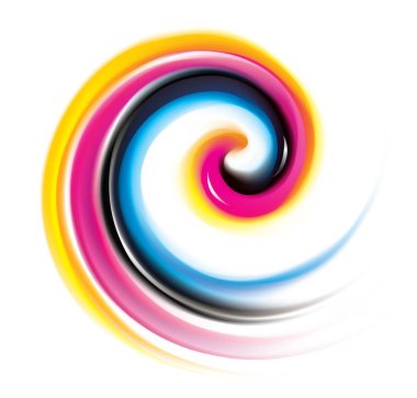 Canlı birincil boya gama tam palet pigment sembol çerçeve pankartın yaratıcı anafor şablonu. Yazdırma teknolojisi parlak kıvrımlı püskürtme disk simgesi simgesi logosu. Yakın görünüm metin uzayı