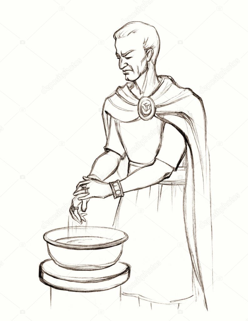 Close up black pencil drawn gospel god faith art sketch sign retro age jew priest arm soak wet. Antique white human male guy lord king warrior soldier combat trial death body care concept text space