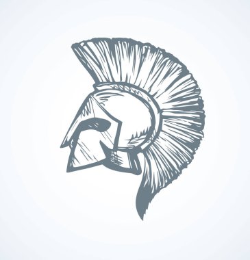 Beyaz arka planda altın Leonidas miğferi geçmiş bir tarih. El yazısı, siyah mürekkep çizimi, resim işareti, karalama, karikatür, kağıt üzerine retro kalem. Metin için boşluk olan kenar görünümünü kapat