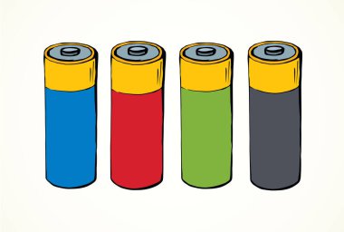 Modern otomatik motor kimyasal lityum silindiri ışık arka planında. Parlak çoklu renkli el çizimi kutup logosu piktogram amblemi konsepti retro sanat karikatür çizgi film tarzında metin için uzayda. Yakın görünüm