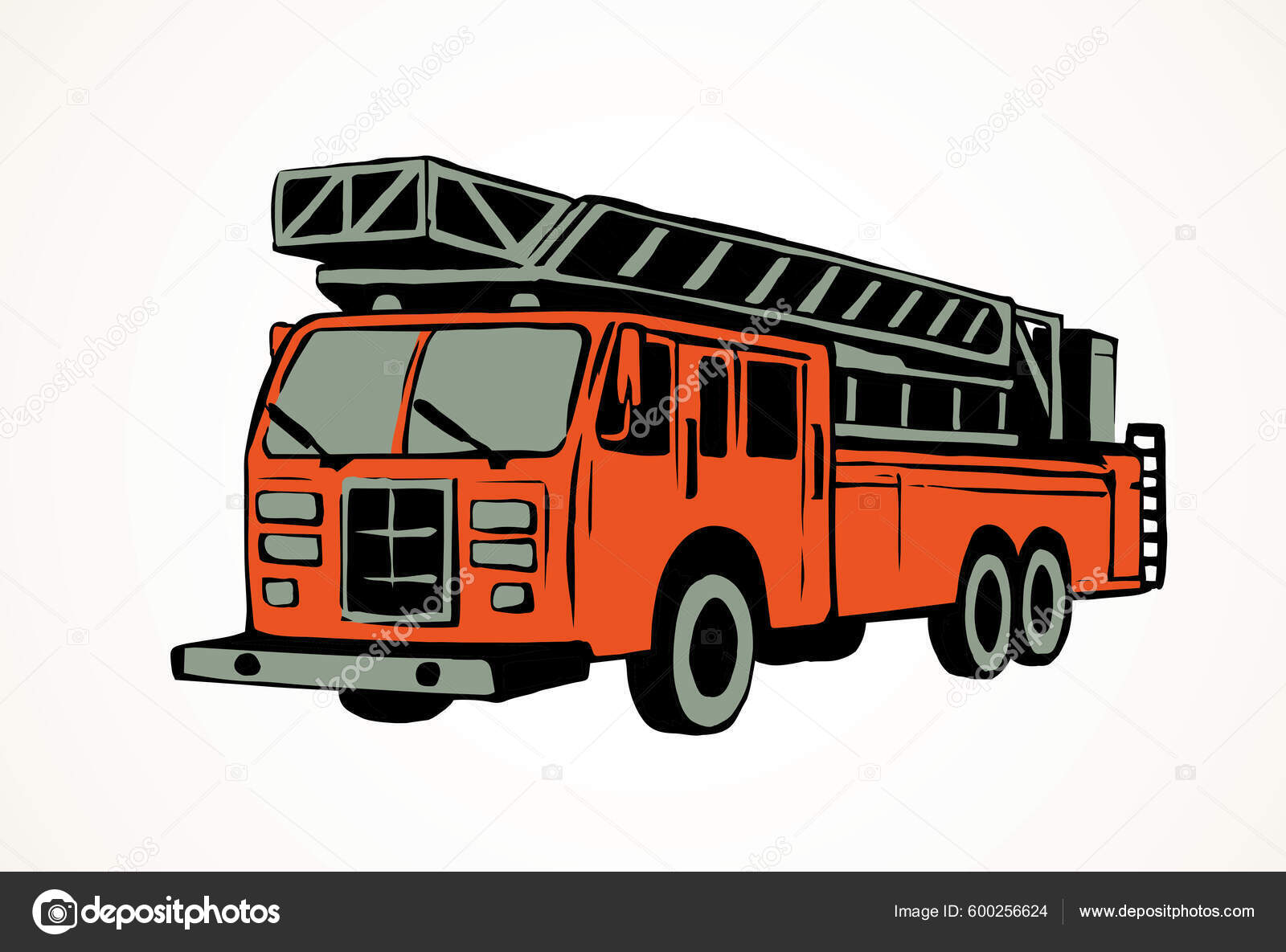 911援助柴油车小队在白色道路背景下明亮的红色手绘大卡车汽笛标志标志草图在现代艺术涂鸦卡通风格与文字空间图库矢量图©Marinka 600256624, image size:1600x1185