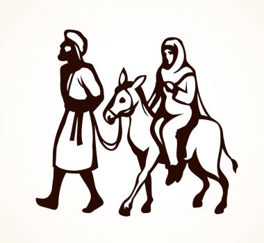 Josef ve Maria hayvanlar üzerinde Mısır 'a çölde, açık beyaz gökyüzü arka planında gidiyorlar. Çizgi siyah el çizilmiş eski neşeli xmas arifesi hikaye işareti simge amblemi eskiz retro sanat karalama çizgi film tarzı