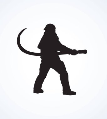 911 kurtarma cankurtaranı beyaz arka planda boru tutuyor. Koyu siyah mürekkepli el ateş geçirmez giysi, iş kıyafeti, şapka amblemi amblem logo piktogramı retro sanat Copntour oyma tarzı metin için boşluk