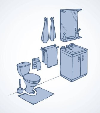 Lav cistern and bowl in bath apartment isolated on light background. Freehand outline ink hand drawn picture icon sketchy in art retro cartoon line doodle graphic style with space for text on floor