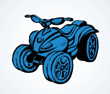 Üç tekerlekli kuadbike motor makinesi açık çöl arka planında. Anahat siyah mürekkep el çizilmiş eğlenceli off-road dört-track lastik scooter logo tasarımı modern sanat karalama tarzı kalem metin alanı üzerine