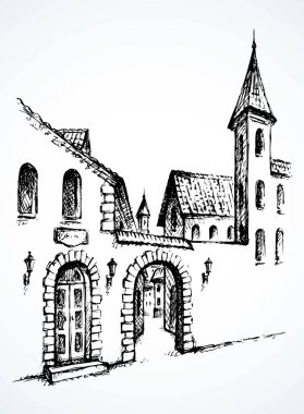 Şehir merkezinde yaşlanmış romantik manzaralı bir yer. Beyaz gökyüzü dokusunda izole edilmiş taş şapel yapı giriş yayı. Serbest çizgili siyah mürekkepli el, dindar insanları dışarı çekti. Sanat tarzı resim tasarımı. Kağıt metin alanı
