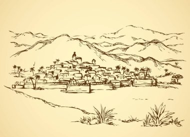 Eski Doğu Farsça şark doğal manzaralı taş duvar ve yapı. Serbest el anahat mürekkep el sanat retro oyulmuş grafik tarzı kalem kağıt ve uzay gökyüzü arka plan üzerinde metin için çizilmiş resim kroki