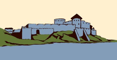 Doğu Belgorod ülkesi, Odessa bölgesi görüşü. Taştan duvar, turist sarayı harabesi. Parlak renkli el çizilmiş tepe su sahnesi resmi. Retro sanat oyma stili. Beyaz gökyüzü metin uzayı