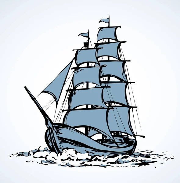 Beyaz gökyüzünde izole edilmiş ahşap uzun korsan yelkenli kürek balığı piktogramı. Serbest çizgi siyah mürekkep çizili logo işareti amblem resmi çizimi resim eskimiş çizim tarzı kalem kağıt üzerinde metin alanı için