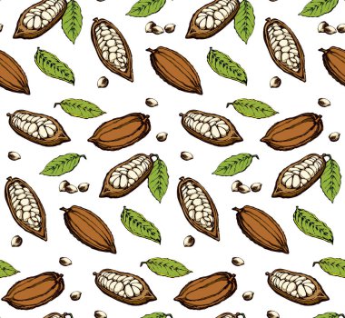 Büyük yeşil theobroma yaprakları açık beyaz düşkün ayarlayın. Parlak renkli el çizilmiş menü nesne logosu işaret simgesi tasarım kabataslak sanat modern doodle karikatür tarzı ambalaj kağıt üzerinde. Yakın çekim görünümü