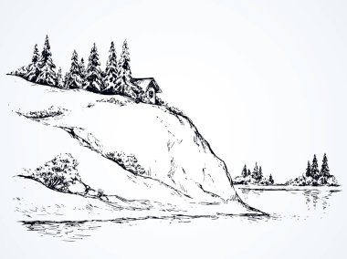 Yüksek nehir kıyısındaki kırsal uçurum çalı çayırı sahnesi. Alp Rıhtımı kamp köşkü beyaz gökyüzünde yazı için uzayda. Çizgi siyah mürekkep el çizilmiş kulübe resim sanat klasiği karalama stili kağıt üzerine kalem oyma