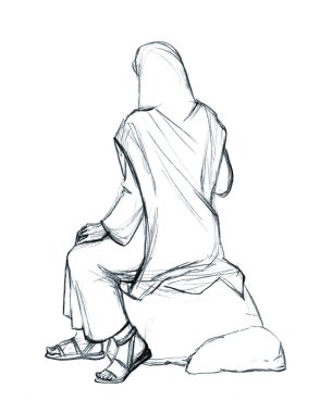 Young jew teen boy guy lord Eliezer sit relax look retro age holy god faith art sketch story. Line pen hand drawn poor israeli elder senior nomad speak maid lady rural stone roman garden sky back view