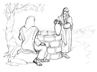 Young joy happy jew lord Jacob look meet love Islam Arab sinner maid basin job chore jug pitcher worker lady Rachel old retro holy god art sketch. line hand drawn rural slave work roman faith sin hop