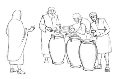 Holy lord stand teach pray male guy human work faith hold jar bowl cup old god supper story art sketch. Retro east dress cloth hand drawn rear back saint savior look smile steward rural Galilee scene