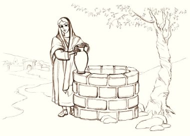 Young happy jew love Islam Arab rock drink source basin job chore jug jar pitcher worker lady Rachel retro holy god story faith age art sketch. Line hand drawn work park city yard tree path sky view